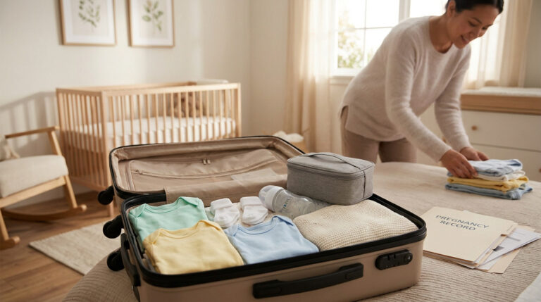Une femme enceinte prépare une valise contenant des vêtements de bébé, un biberon et son dossier de suivi de grossesse.