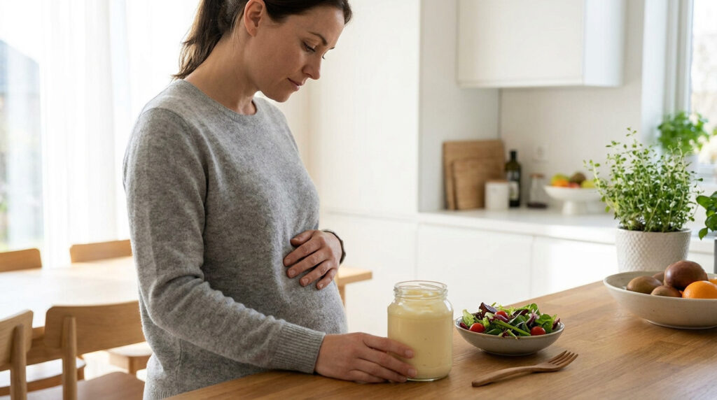 Une femme enceinte regarde un pot de mayonnaise posé sur une table de cuisine à côté d'une salade.