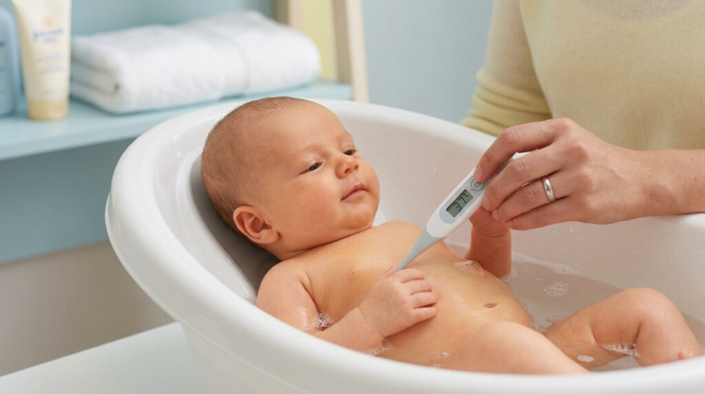Un parent vérifie la température de l'eau du bain de son nouveau-né avec un thermomètre numérique.