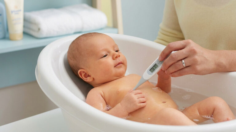 Un parent vérifie la température de l'eau du bain de son nouveau-né avec un thermomètre numérique.