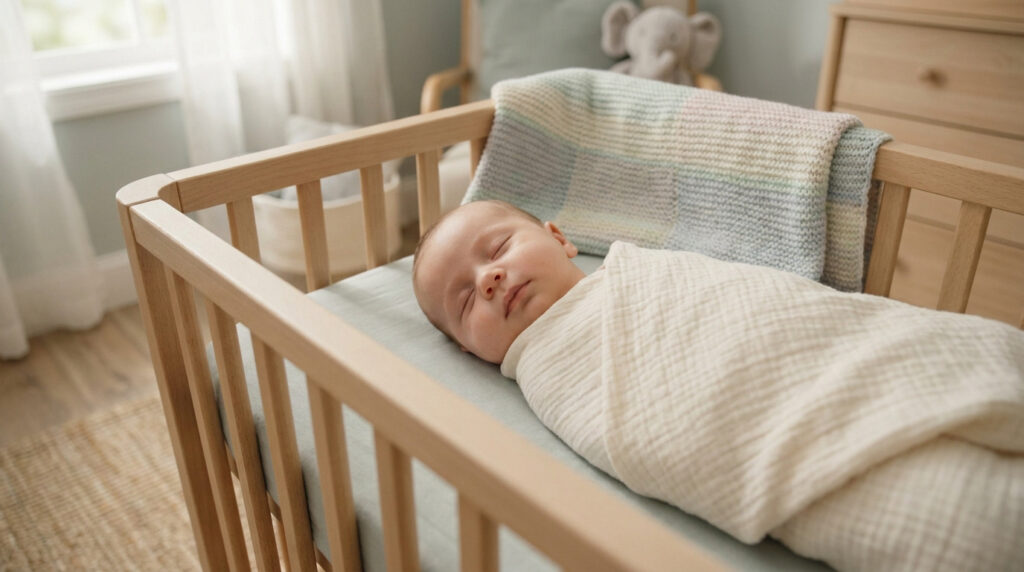 Un nouveau-né emmailloté dort paisiblement dans un berceau en bois clair, avec une couverture pastel douce.