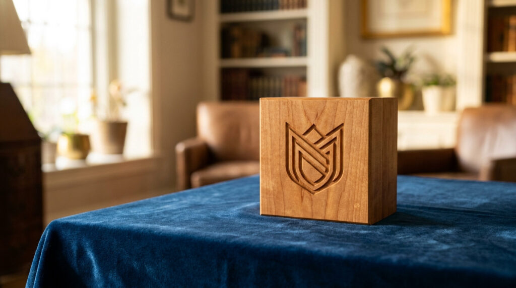 Un cube en bois massif gravé d'un logo moderne posé sur une nappe en velours bleu dans un salon chaleureux.
