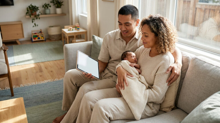 Un couple mixte assis sur un canapé avec leur nouveau-né, le père tient une tablette numérique vide.