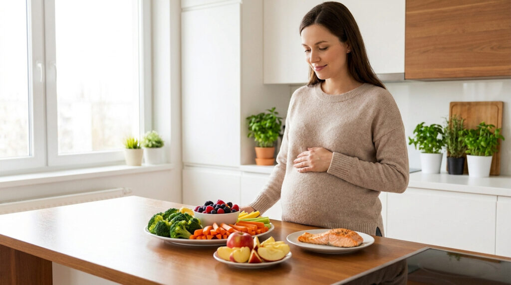Une femme enceinte souriante dans une cuisine moderne, regardant des plats sains composés de légumes et de saumon.