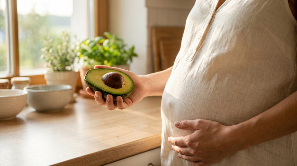 Femme enceinte tenant un demi-avocat dans sa main dans une cuisine ensoleillée.