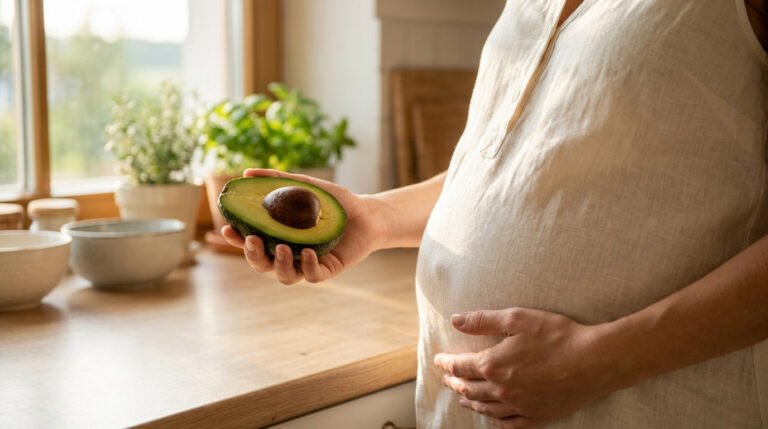 Femme enceinte tenant un demi-avocat dans sa main dans une cuisine ensoleillée.
