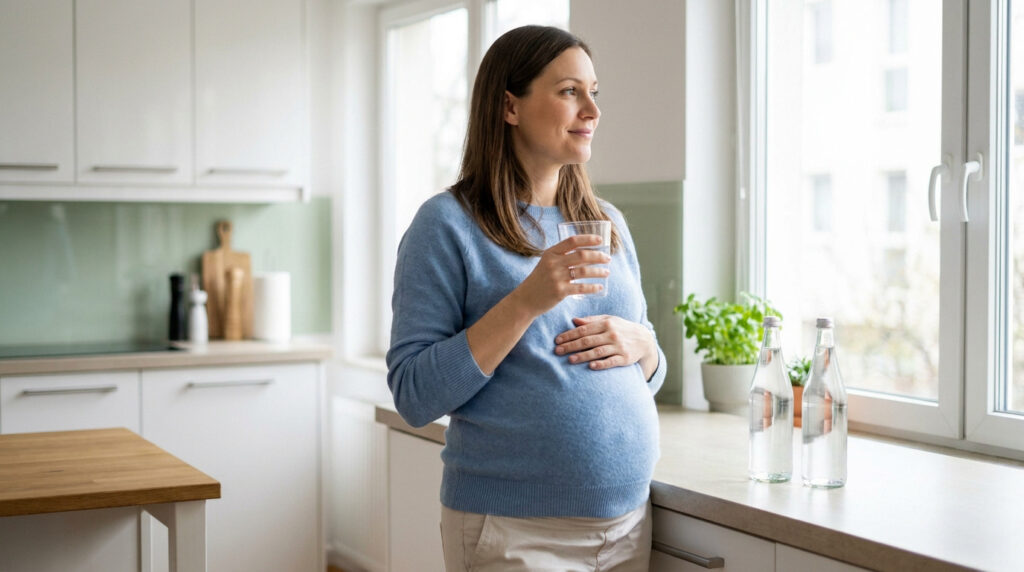 Femme enceinte dans une cuisine lumineuse tenant un verre d'eau et une main sur son ventre.