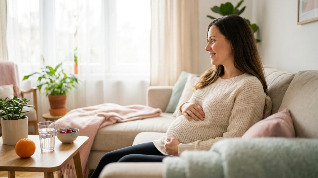 Une femme enceinte souriante assise sur un canapé, tenant son ventre avec douceur dans un intérieur lumineux.