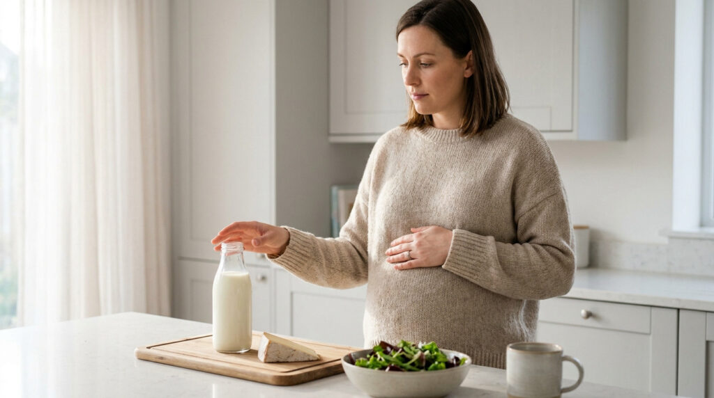 Une femme enceinte regarde une bouteille de lait et un morceau de fromage sur une planche à découper dans sa cuisine.