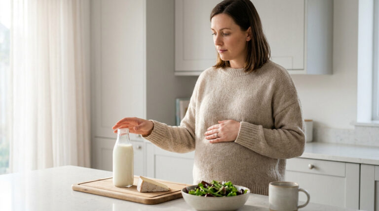 Une femme enceinte regarde une bouteille de lait et un morceau de fromage sur une planche à découper dans sa cuisine.