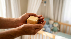 Mains d'adulte tenant un cube en bois dans une chambre de bébé floue