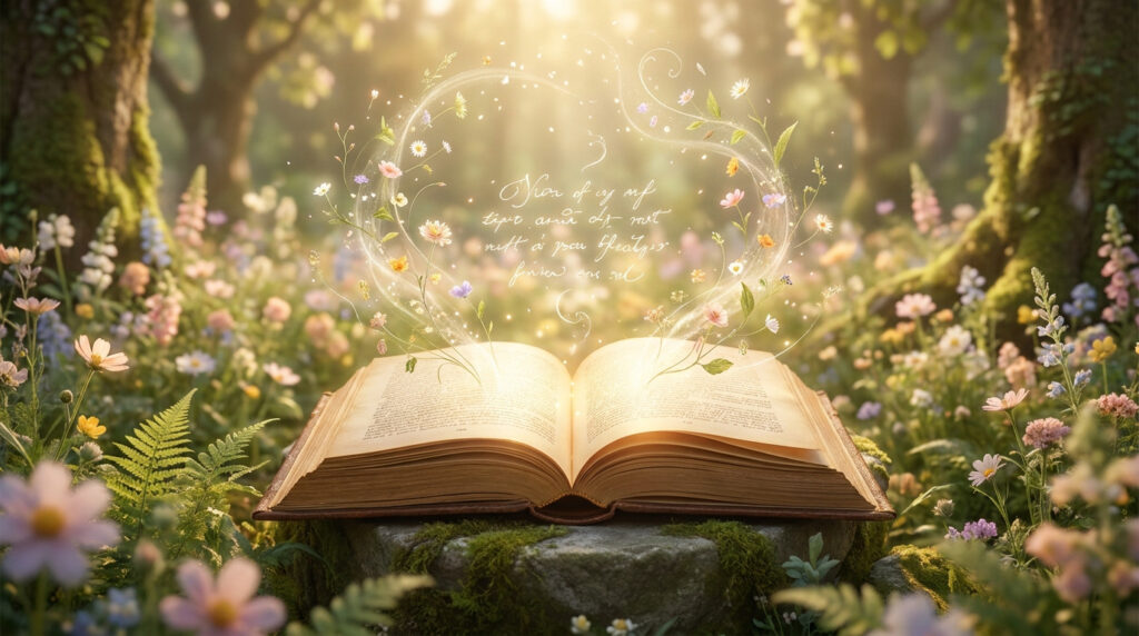 Un livre ouvert sur une pierre entouré de fleurs sauvages et de lumière magique dans une forêt lumineuse.