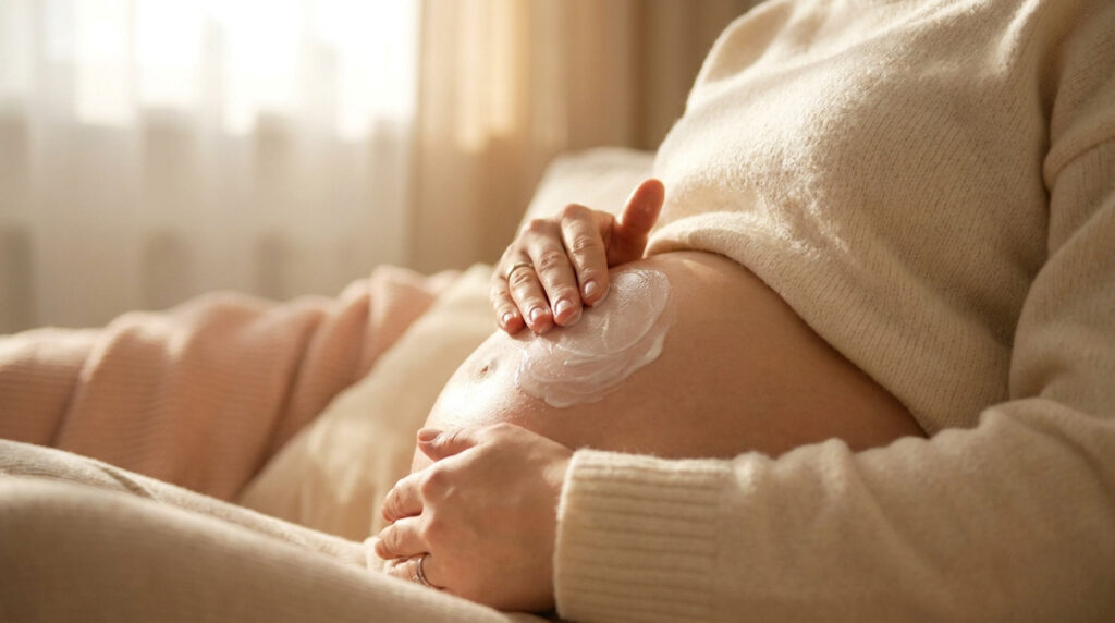 Une femme enceinte applique une crème hydratante sur son ventre arrondi pour prévenir les vergetures.