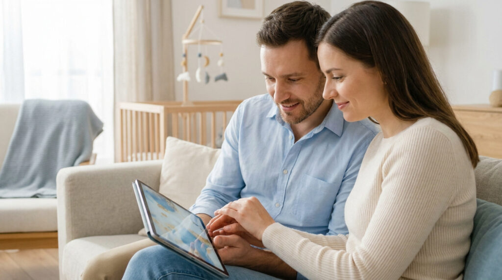Un couple complice assis sur un canapé, regardant ensemble une tablette dans une chambre de bébé.