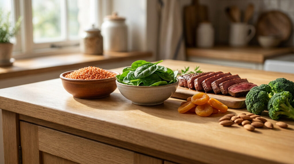 Sélection d'aliments riches en fer disposés sur une table en bois : lentilles, épinards, viande rouge, abricots et amandes.