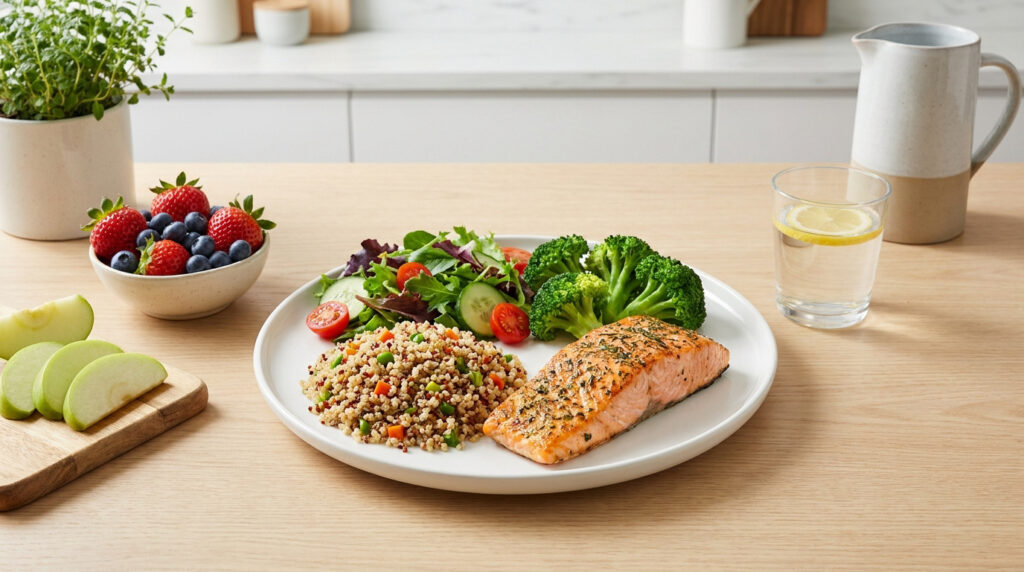 Assiette équilibrée avec saumon, quinoa, brocolis et salade, accompagnée de fruits frais sur une table en bois.