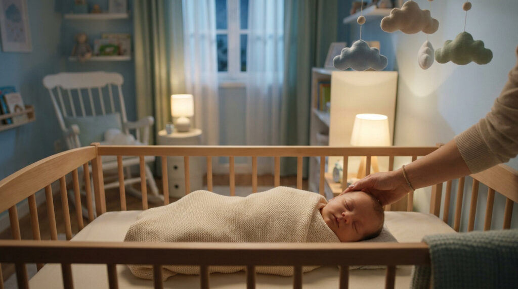 Un parent caresse doucement la tête d'un nouveau-né emmailloté dormant paisiblement dans son lit à barreaux en bois.