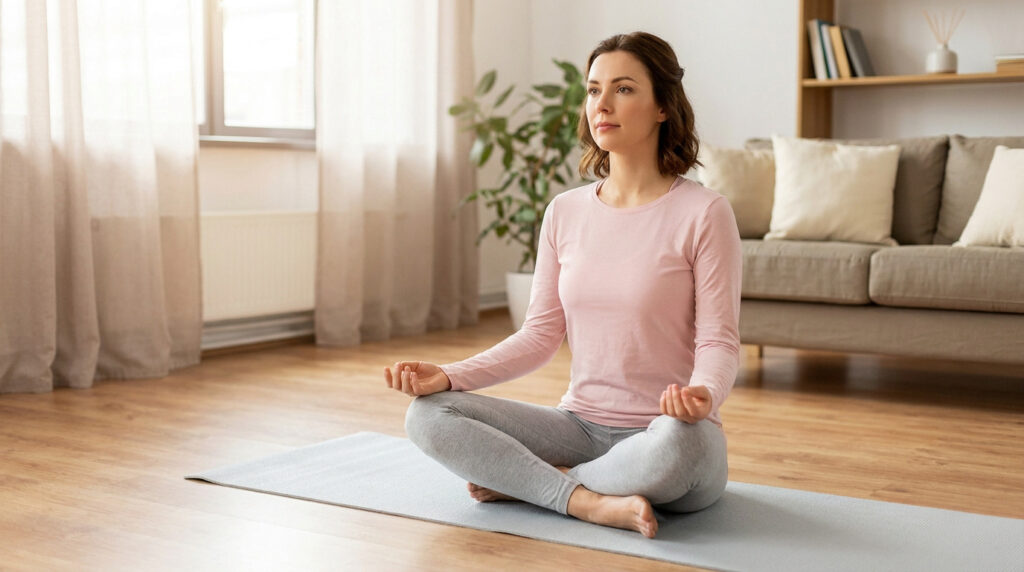 Femme assise en tailleur sur un tapis de yoga dans un salon lumineux.