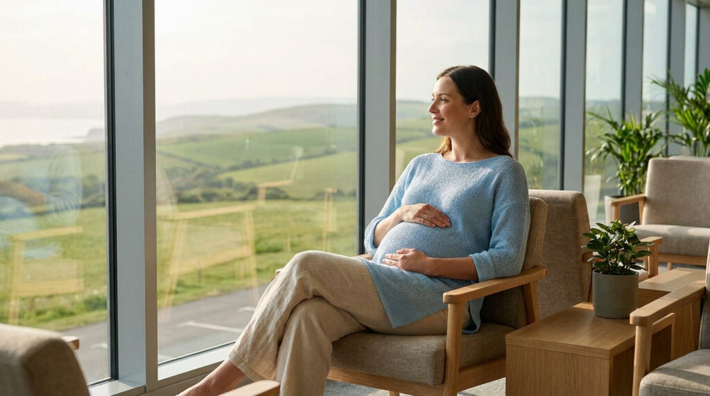 Une femme enceinte assise confortablement devant une grande baie vitrée avec une vue sur la campagne.