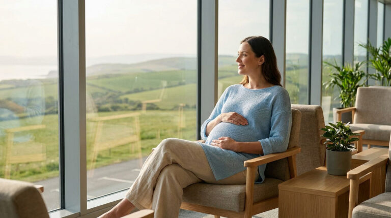 Une femme enceinte assise confortablement devant une grande baie vitrée avec une vue sur la campagne.