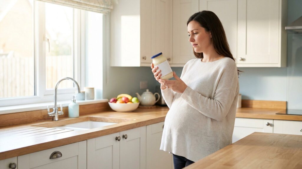 Une femme enceinte examine attentivement l'étiquette d'un pot de mayonnaise dans sa cuisine lumineuse.