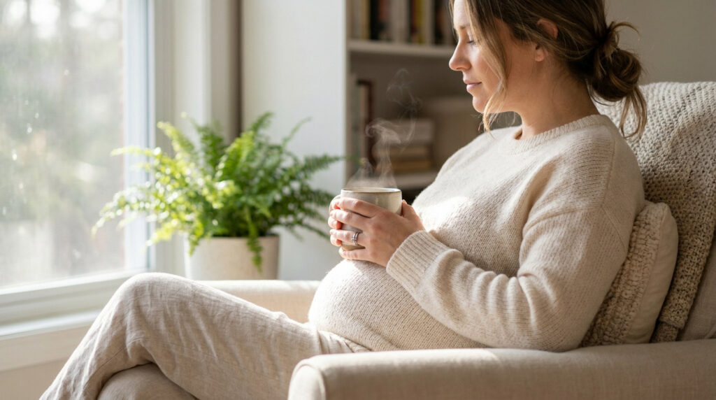 Une femme enceinte assise dans un fauteuil, tenant une tasse de thé fumante près d'une fenêtre ensoleillée.