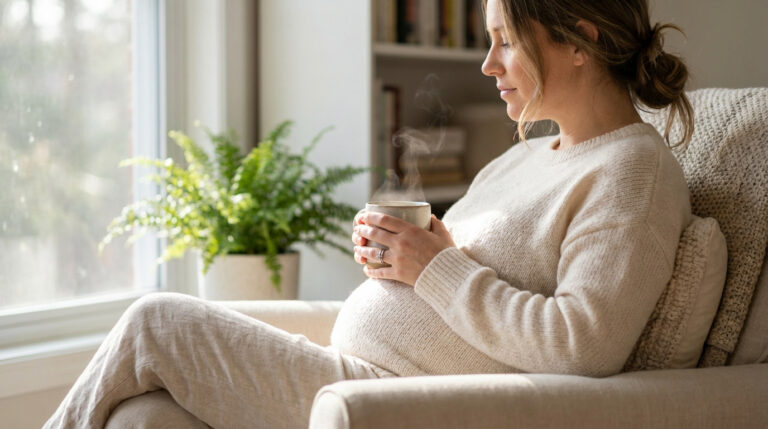 Une femme enceinte assise dans un fauteuil, tenant une tasse de thé fumante près d'une fenêtre ensoleillée.