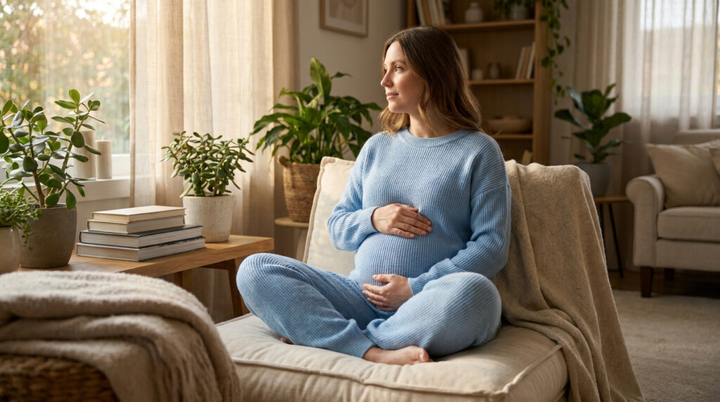 Une femme enceinte en tenue bleue assise sereinement dans un salon lumineux, posant ses mains sur son ventre.