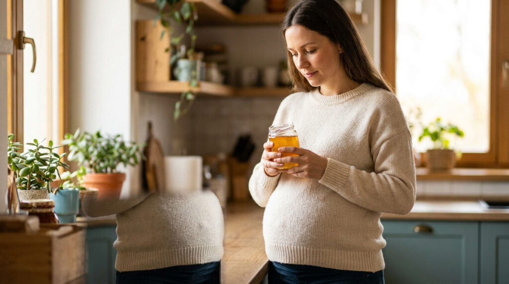Une femme enceinte tient un pot de miel dans une cuisine lumineuse.