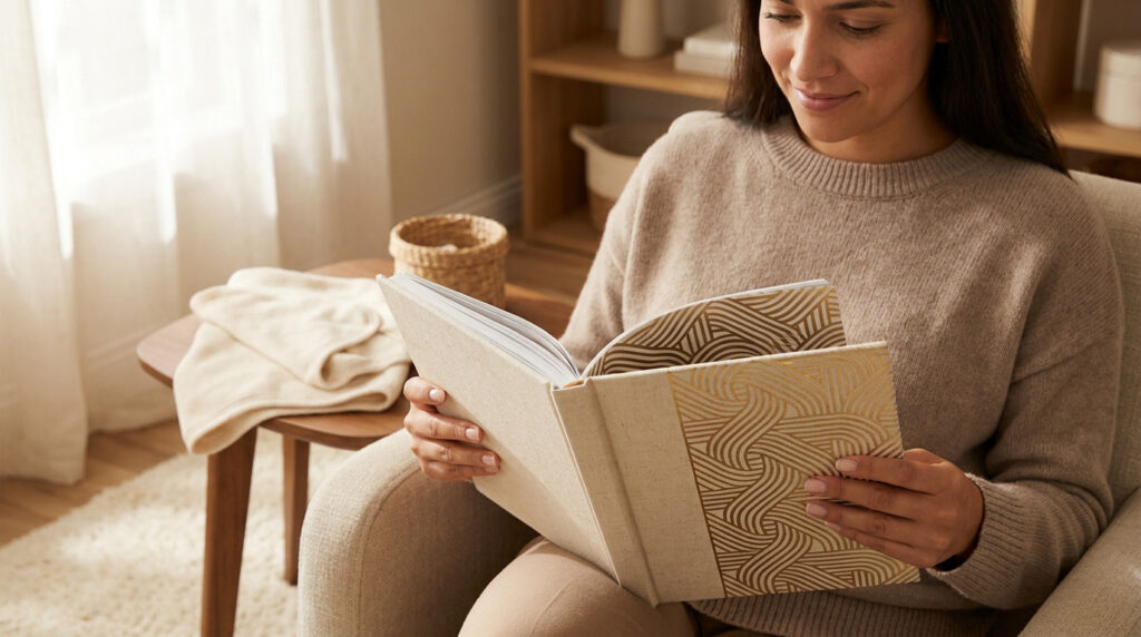 Une femme souriante assise dans un fauteuil lit un livre aux motifs dorés dans un salon lumineux.