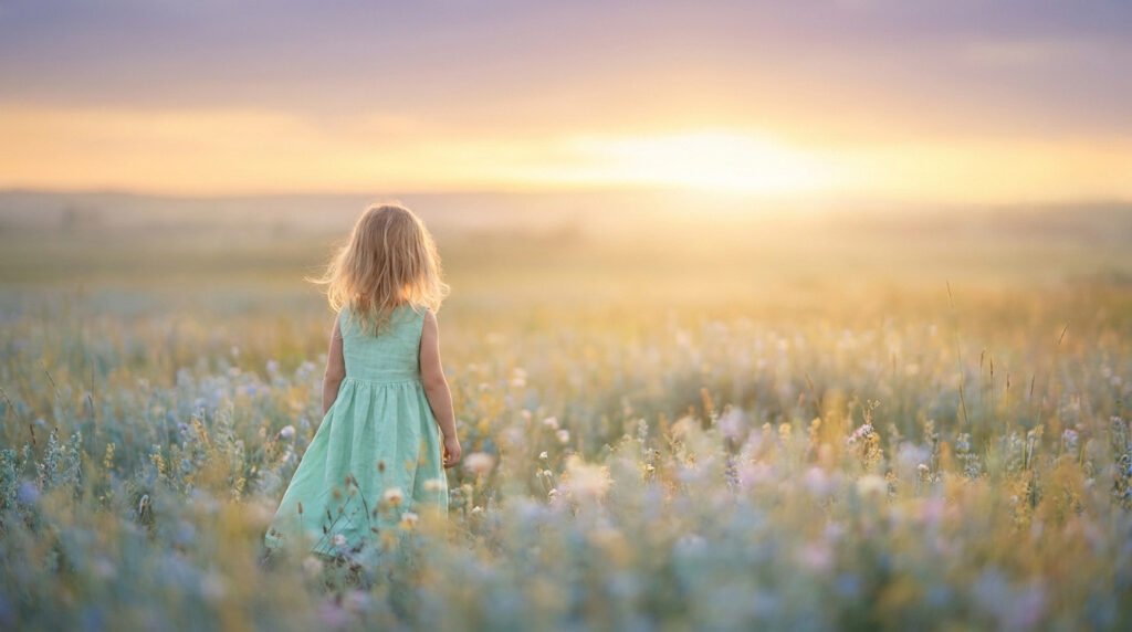 Une jeune fille aux cheveux blonds portant une robe vert clair dans un champ fleuri au coucher du soleil.