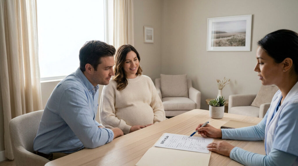 Un couple enceinte discute avec une professionnelle de santé autour d'un document intitulé Projet de naissance.