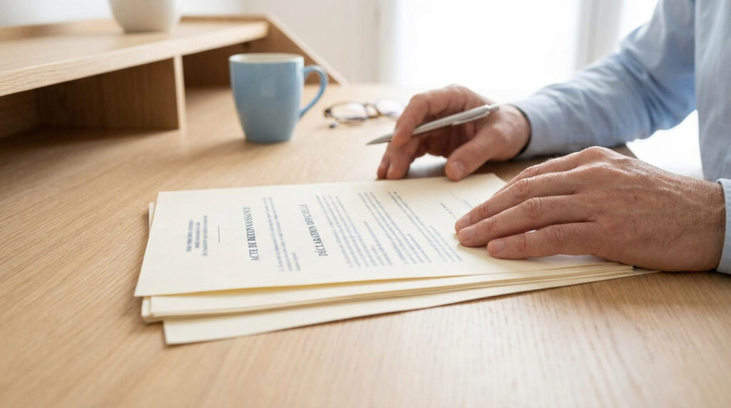 Un homme prépare les documents officiels pour une reconnaissance de paternité sur un bureau en bois.