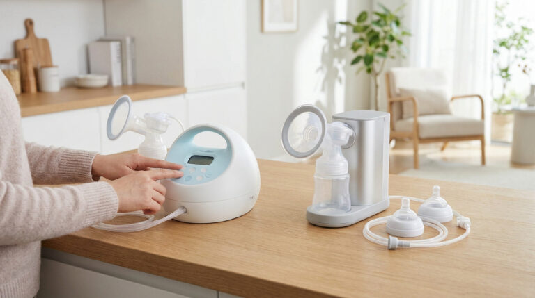 Une personne ajuste un tire-lait électrique posé sur une table en bois dans une cuisine lumineuse.