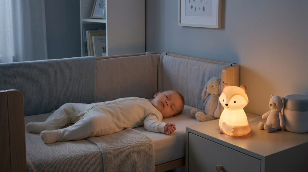 Bébé dormant paisiblement dans son berceau à côté d'une veilleuse lumineuse en forme de renard posée sur une table de nuit.
