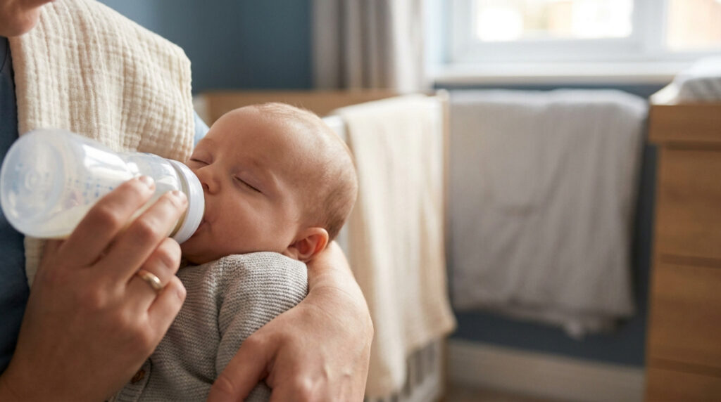 Un parent donne le biberon à son bébé qui s'est endormi paisiblement dans ses bras.