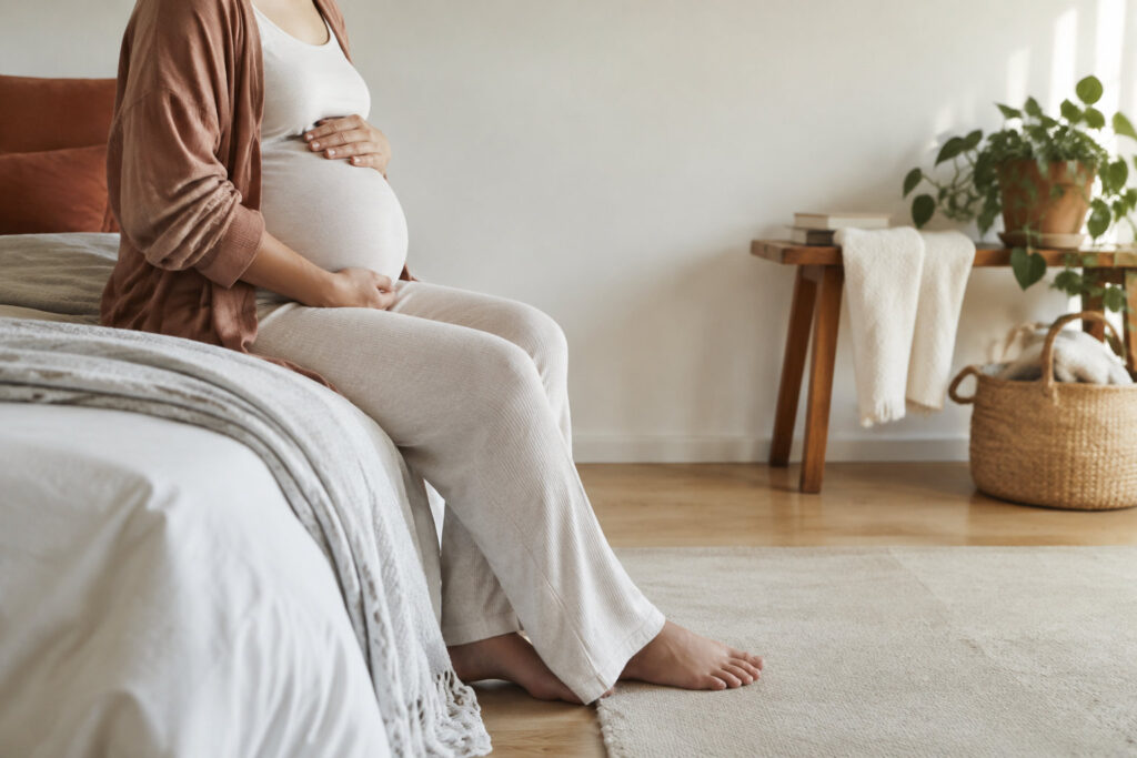 Femme enceinte assise sur le bord de son lit, les mains posées sur son ventre, dans une chambre lumineuse et apaisante.