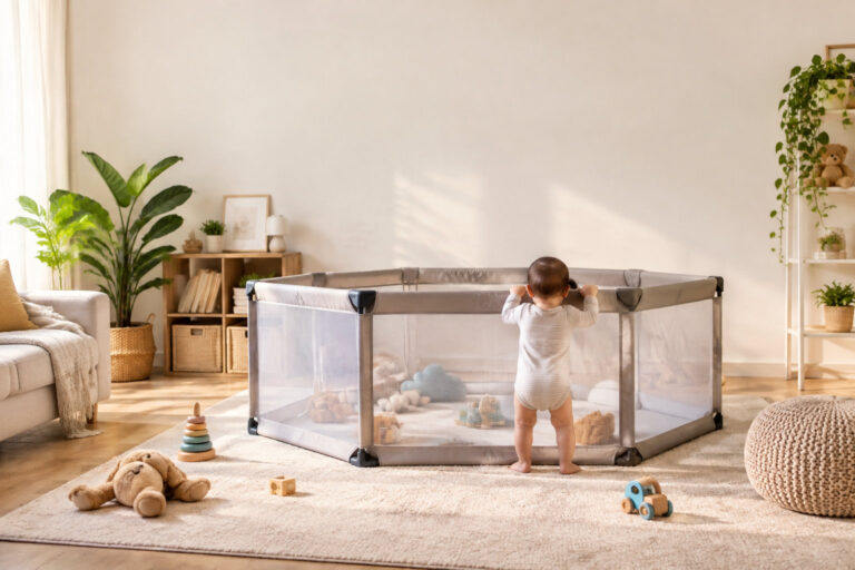 Un bébé debout dans un parc de jeu hexagonal sécurisé au milieu d'un salon lumineux et décoré.