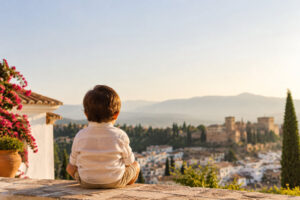 Petit garçon de dos contemplant la ville de Grenade et l'Alhambra sous un beau coucher de soleil.