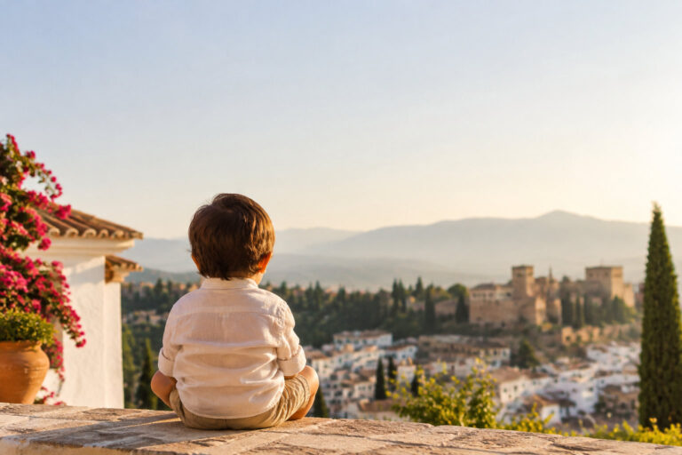 Petit garçon de dos contemplant la ville de Grenade et l'Alhambra sous un beau coucher de soleil.