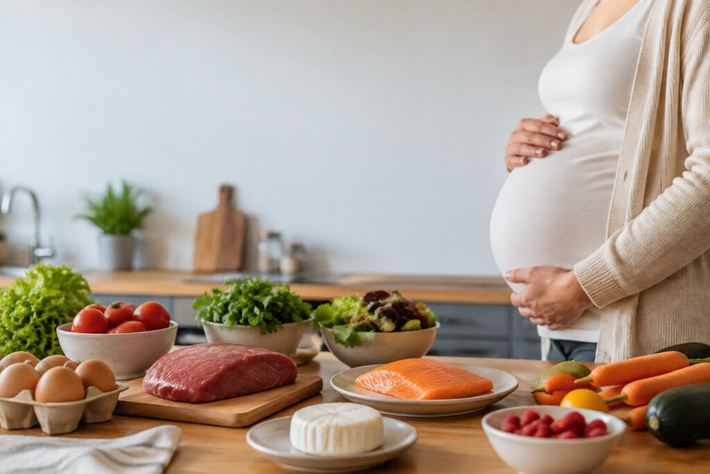 Une femme enceinte se tient dans une cuisine devant une table remplie d'aliments crus et frais.