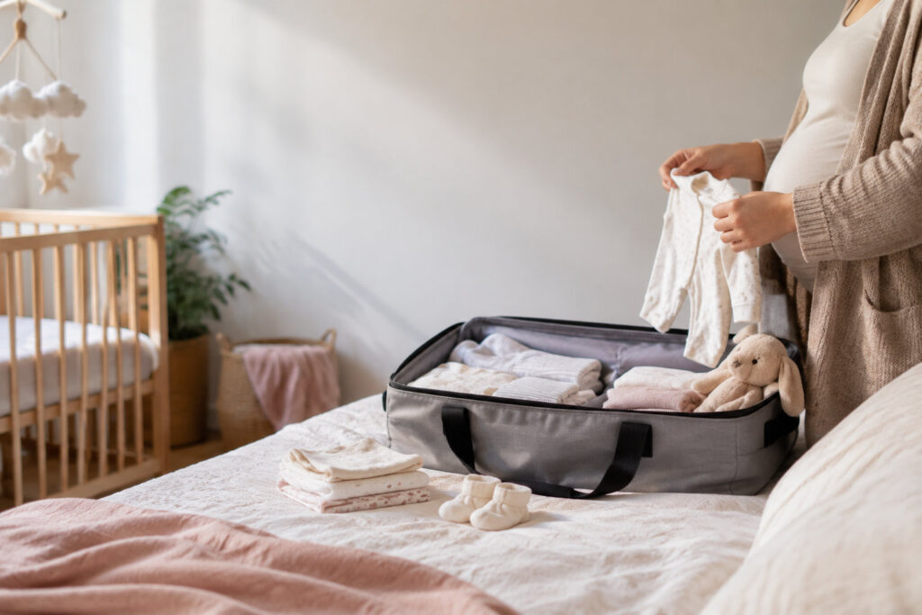 Une femme enceinte prépare soigneusement des vêtements de bébé dans une valise ouverte sur un lit.