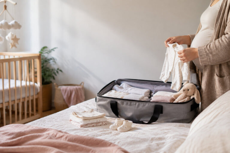 Une femme enceinte prépare soigneusement des vêtements de bébé dans une valise ouverte sur un lit.