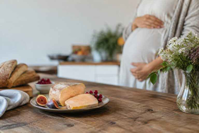 Une femme enceinte se tient derrière une table en bois sur laquelle est posée une assiette de foie gras et des figues.