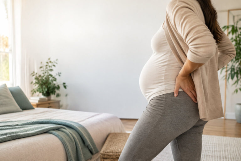 Femme enceinte debout dans une chambre, tenant sa main dans le bas de son dos pour exprimer une douleur lombaire.