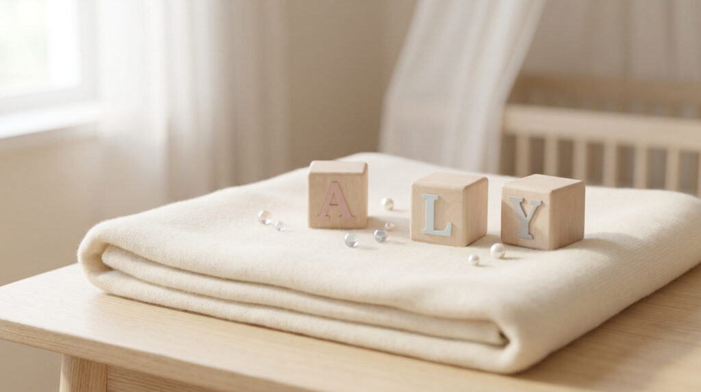 Cubes en bois formant le prénom Aly sur une couverture beige douce dans une chambre de bébé.