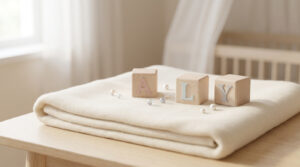 Cubes en bois formant le prénom Aly sur une couverture beige douce dans une chambre de bébé.