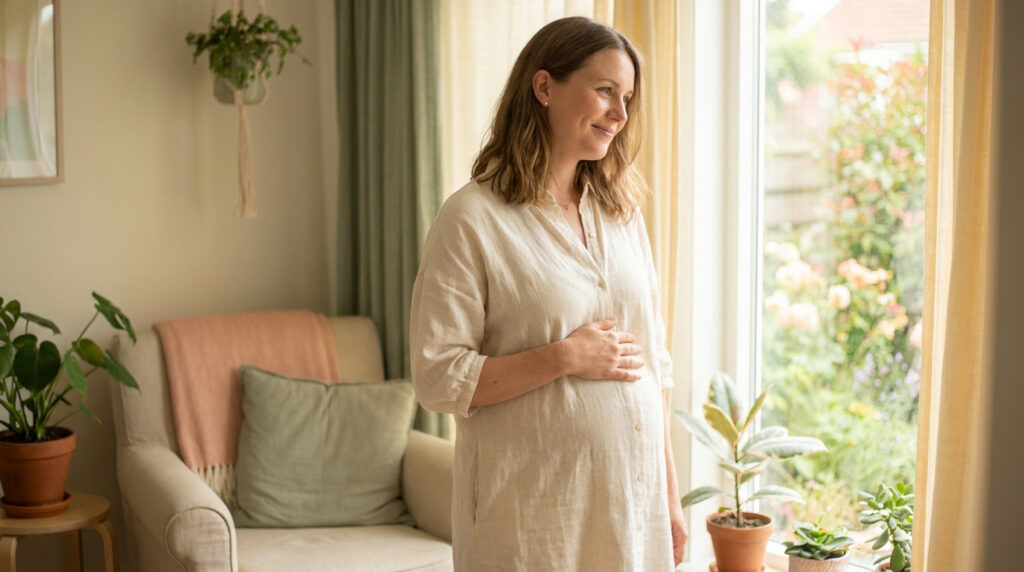 Femme enceinte souriante caressant son ventre près d'une fenêtre lumineuse dans un salon décoré de plantes.