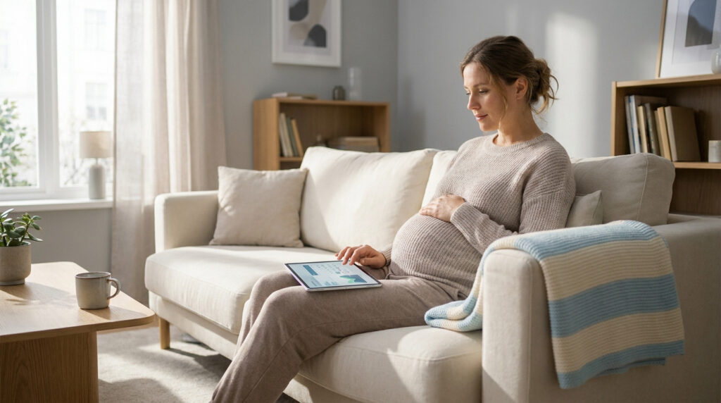 Femme enceinte assise sur un canapé consultant un calendrier sur une tablette numérique.