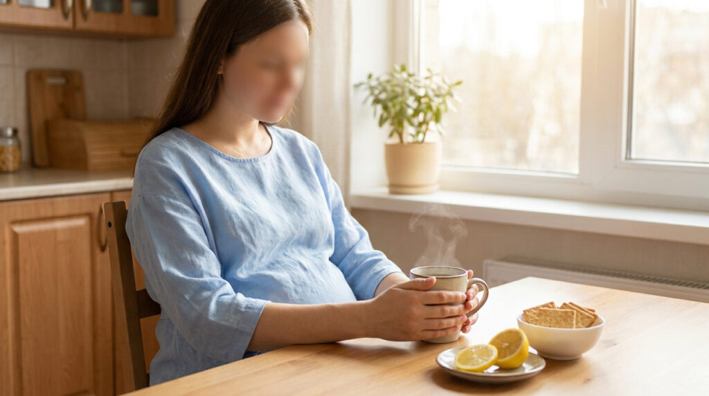Une femme enceinte assise à une table avec du thé, des biscuits et du citron pour apaiser ses nausées.